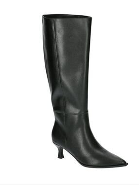 Black Pointed-Toe Mid-Knee Kitten Heel Boots